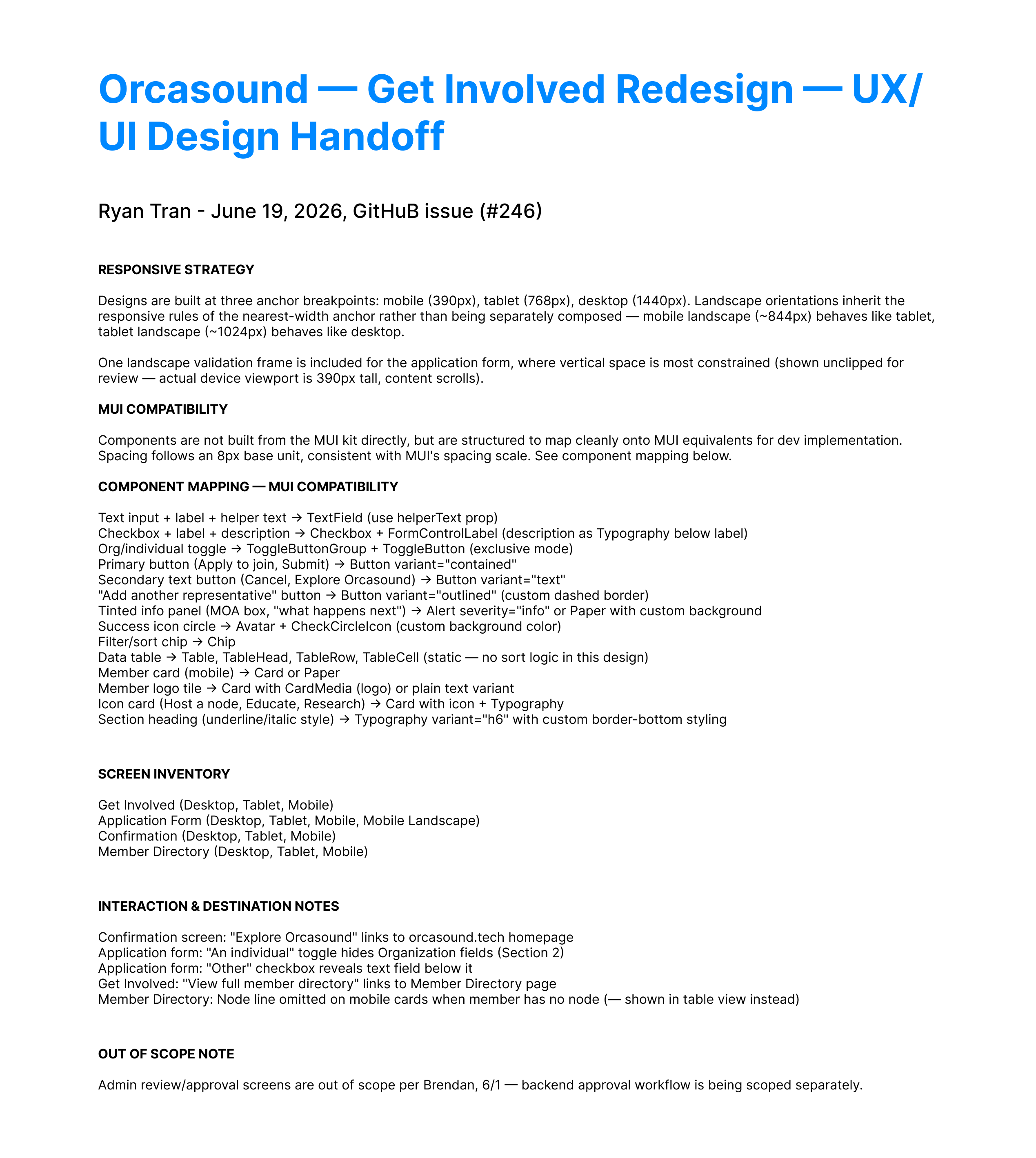 Handoff cover frame with breakpoint strategy and component mapping table